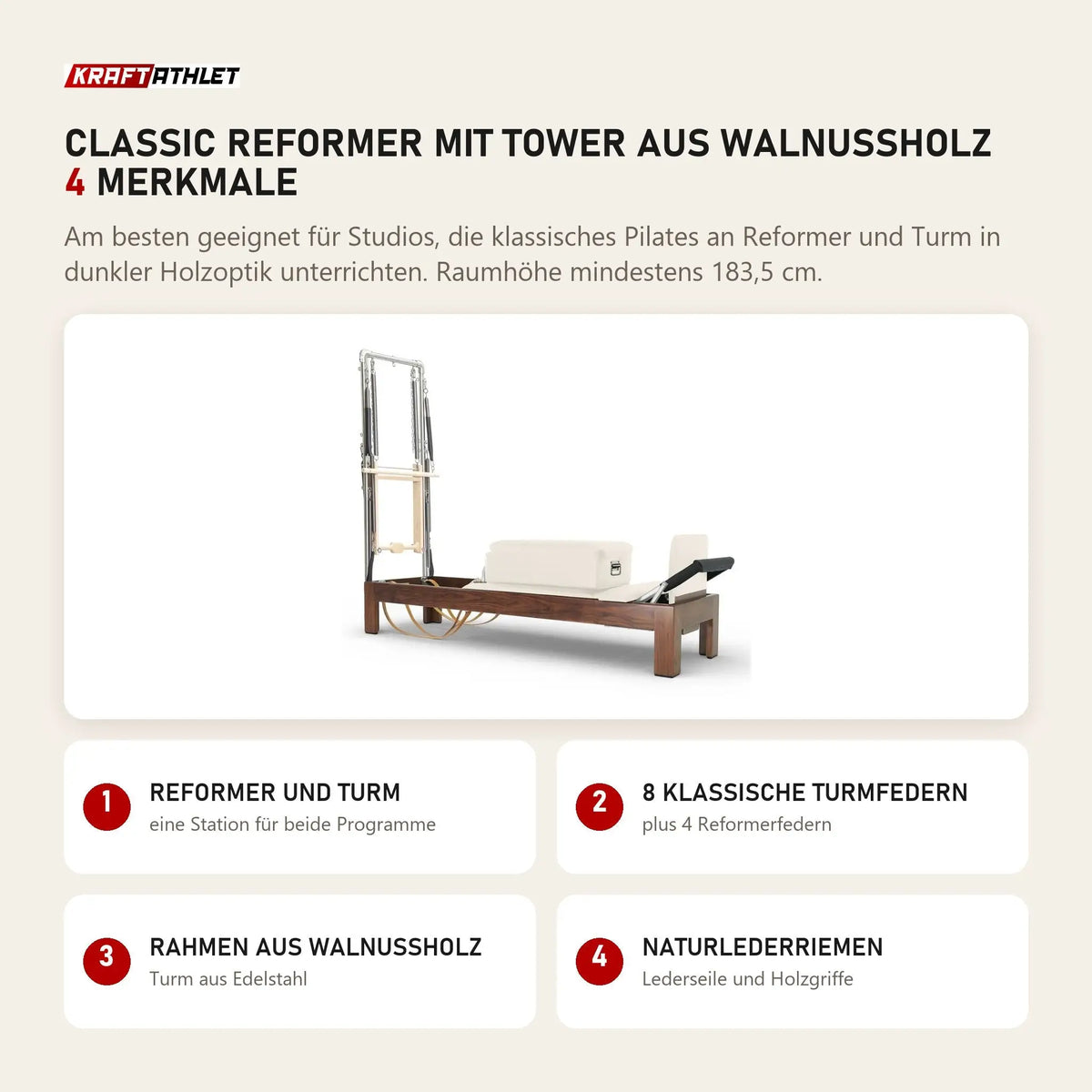 Elina Pilates Classic Reformer mit Tower aus Walnussholz mit 4 Merkmalen: Reformer und Turm, 8 klassische Turmfedern, Rahmen aus Walnussholz, Naturlederriemen