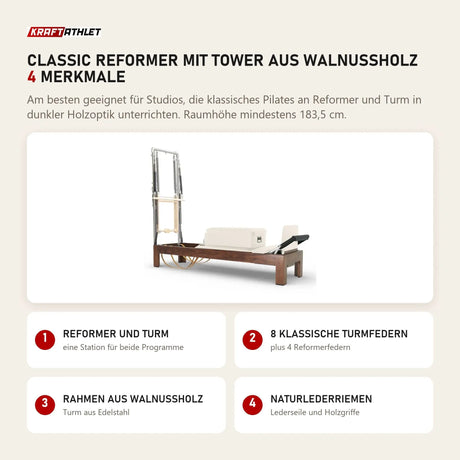 Elina Pilates Classic Reformer mit Tower aus Walnussholz mit 4 Merkmalen: Reformer und Turm, 8 klassische Turmfedern, Rahmen aus Walnussholz, Naturlederriemen