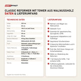 Technische Daten und Lieferumfang von Elina Pilates Classic Reformer mit Tower aus Walnussholz als Tabelle