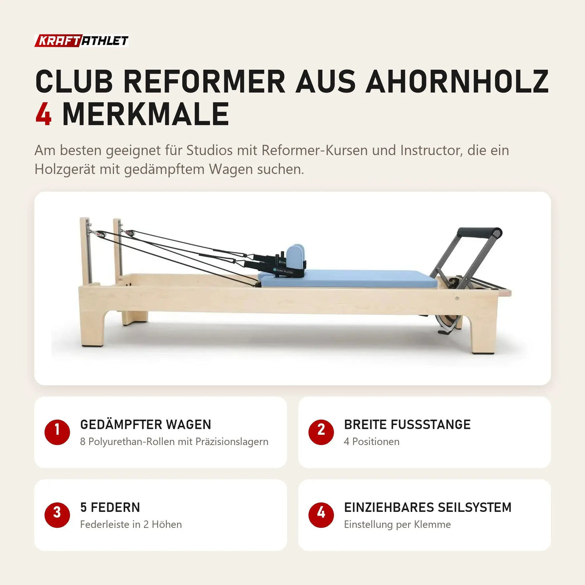 Elina Pilates Club Reformer aus Ahornholz mit 4 Merkmalen: Gedämpfter Wagen, Breite Fußstange, 5 Federn, Einziehbares Seilsystem