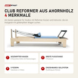 Elina Pilates Club Reformer aus Ahornholz mit 4 Merkmalen: Gedämpfter Wagen, Breite Fußstange, 5 Federn, Einziehbares Seilsystem