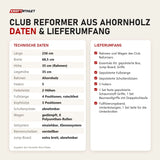 Technische Daten und Lieferumfang von Elina Pilates Club Reformer aus Ahornholz als Tabelle