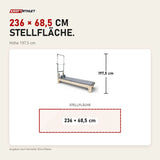 Maßbild Elina Pilates Club Reformer mit Tower aus Ahornholz: Stellfläche 236 × 68,5 cm, Höhe 197,5 cm