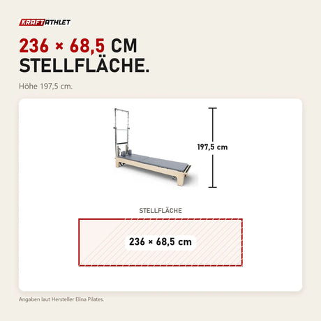 Maßbild Elina Pilates Club Reformer mit Tower aus Ahornholz: Stellfläche 236 × 68,5 cm, Höhe 197,5 cm