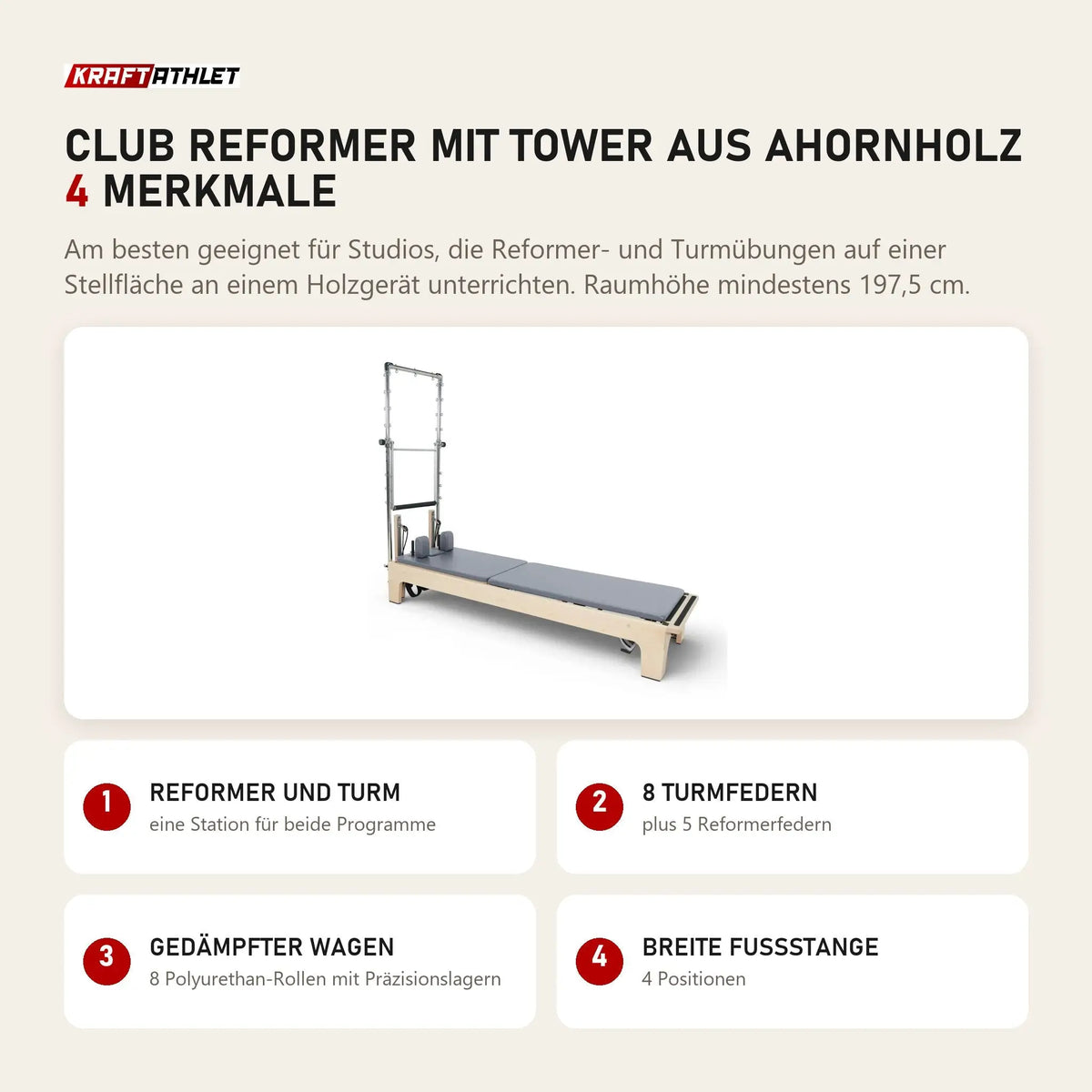 Elina Pilates Club Reformer mit Tower aus Ahornholz mit 4 Merkmalen: Reformer und Turm, 8 Turmfedern, Gedämpfter Wagen, Breite Fußstange