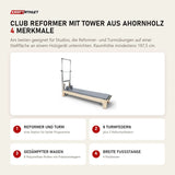 Elina Pilates Club Reformer mit Tower aus Ahornholz mit 4 Merkmalen: Reformer und Turm, 8 Turmfedern, Gedämpfter Wagen, Breite Fußstange