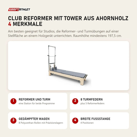 Elina Pilates Club Reformer mit Tower aus Ahornholz mit 4 Merkmalen: Reformer und Turm, 8 Turmfedern, Gedämpfter Wagen, Breite Fußstange