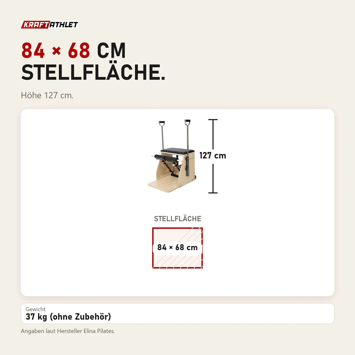 Maßbild Elina Pilates Combo Chair mit Holzbasis: Stellfläche 84 × 68 cm, Höhe 127 cm