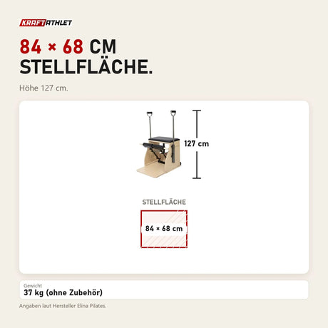 Maßbild Elina Pilates Combo Chair mit Holzbasis: Stellfläche 84 × 68 cm, Höhe 127 cm