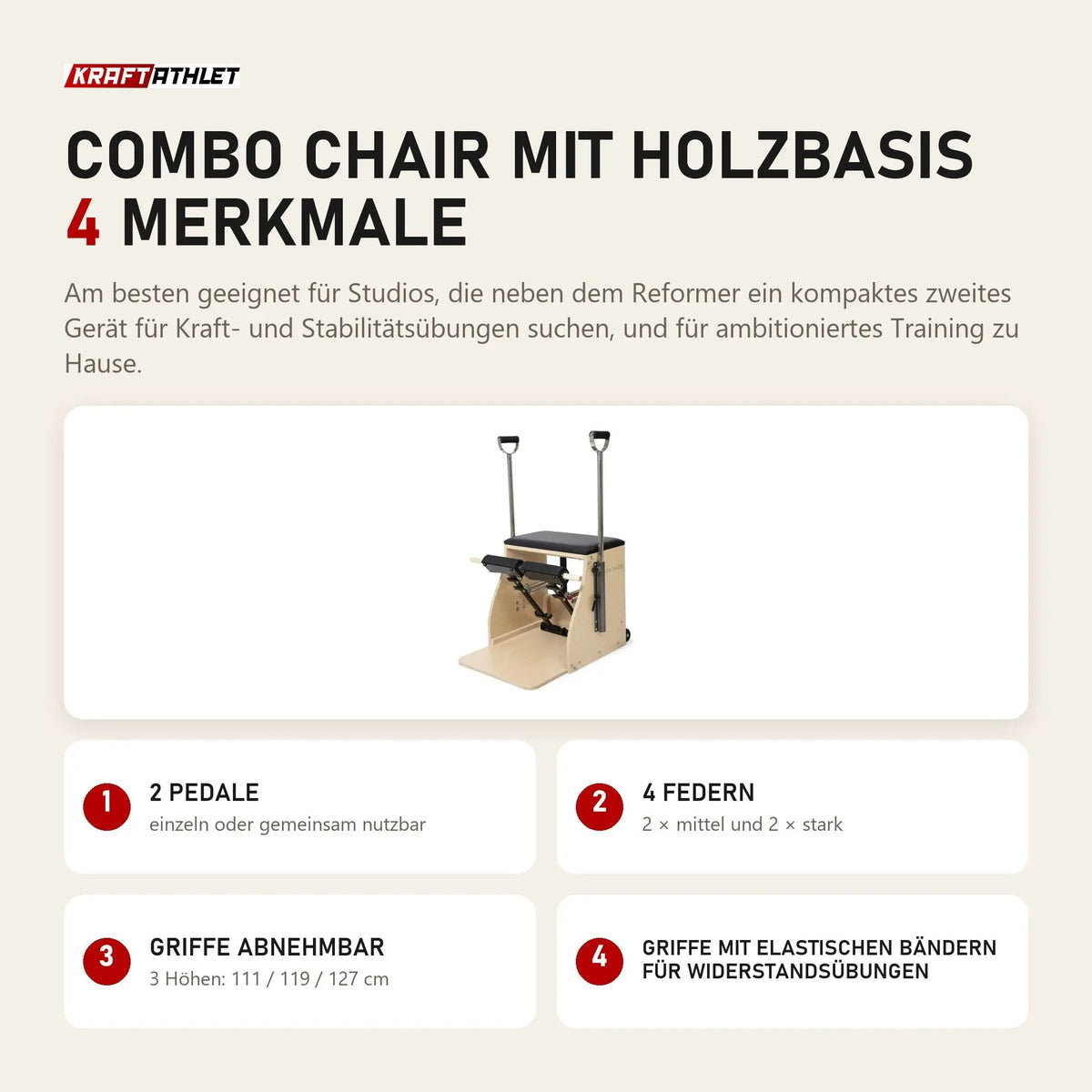 Elina Pilates Combo Chair mit Holzbasis mit 4 Merkmalen: 2 Pedale, 4 Federn, Griffe abnehmbar, Griffe mit elastischen Bändern für Widerstandsübungen