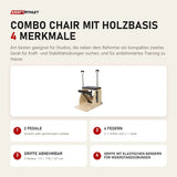 Elina Pilates Combo Chair mit Holzbasis mit 4 Merkmalen: 2 Pedale, 4 Federn, Griffe abnehmbar, Griffe mit elastischen Bändern für Widerstandsübungen