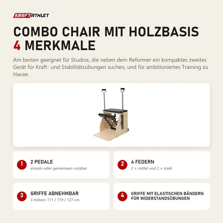 Elina Pilates Combo Chair mit Holzbasis mit 4 Merkmalen: 2 Pedale, 4 Federn, Griffe abnehmbar, Griffe mit elastischen Bändern für Widerstandsübungen