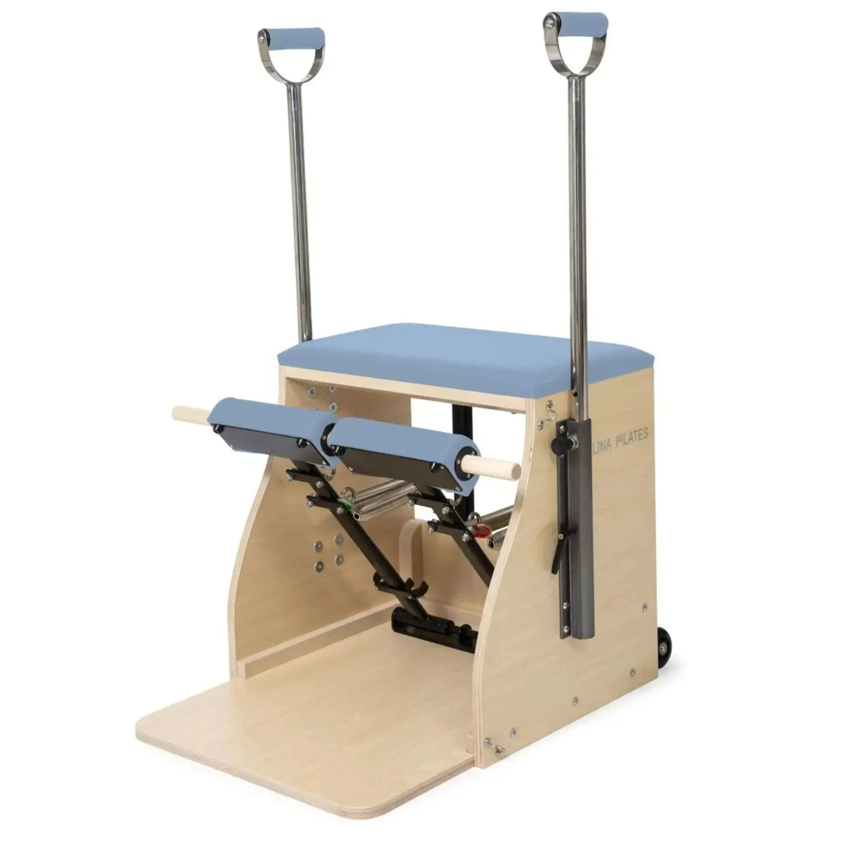 Elina Pilates Combo Chair mit Holzbasis in Ozeanblau, Schrägansicht mit Griffstangen