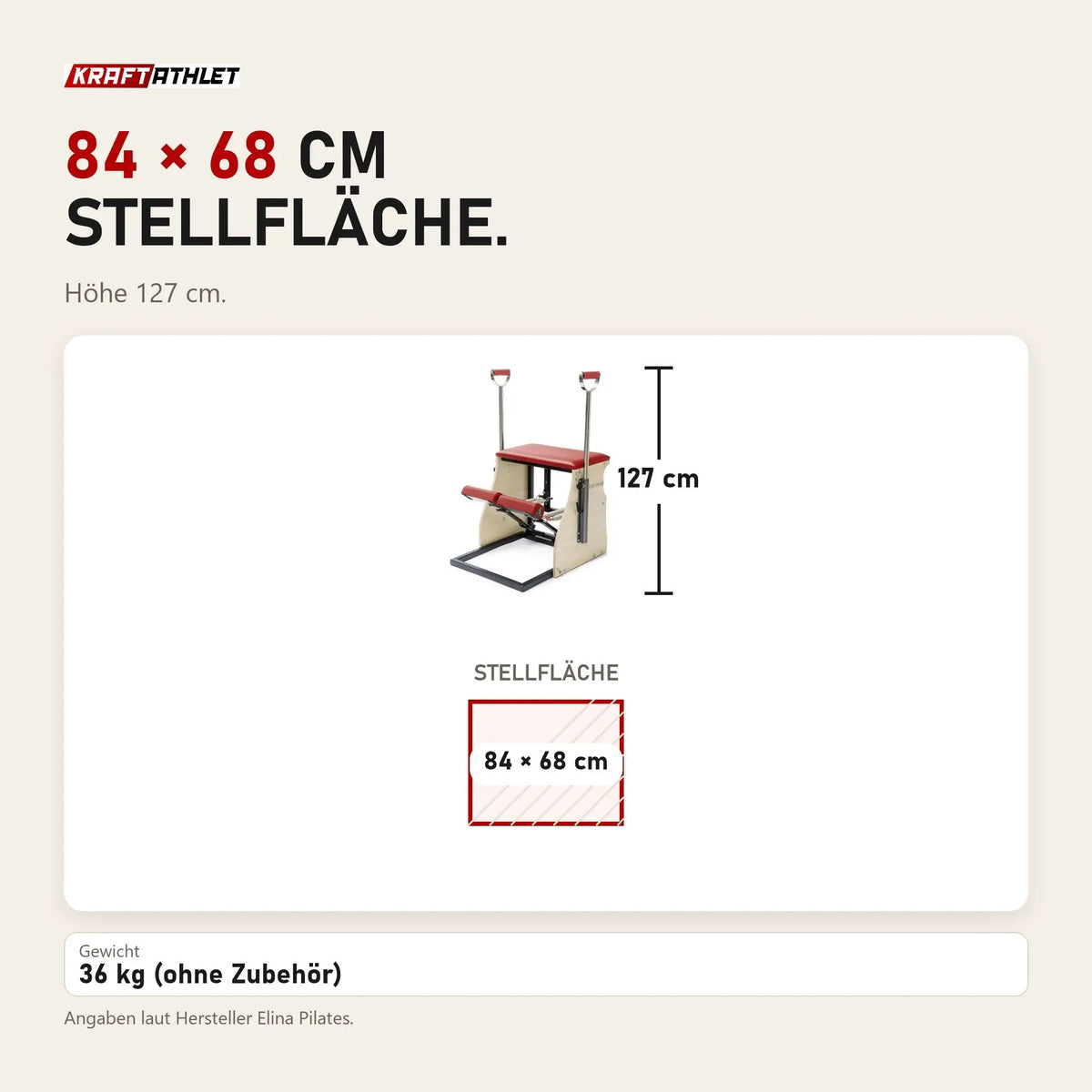 Maßbild Elina Pilates Combo Chair mit Stahlbasis: Stellfläche 84 × 68 cm, Höhe 127 cm