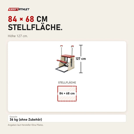 Maßbild Elina Pilates Combo Chair mit Stahlbasis: Stellfläche 84 × 68 cm, Höhe 127 cm