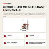 Elina Pilates Combo Chair mit Stahlbasis mit 4 Merkmalen: 2 Pedale, 4 Federn, Griffe abnehmbar, Griffe mit elastischen Bändern für Widerstandsübungen
