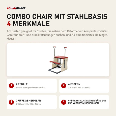 Elina Pilates Combo Chair mit Stahlbasis mit 4 Merkmalen: 2 Pedale, 4 Federn, Griffe abnehmbar, Griffe mit elastischen Bändern für Widerstandsübungen