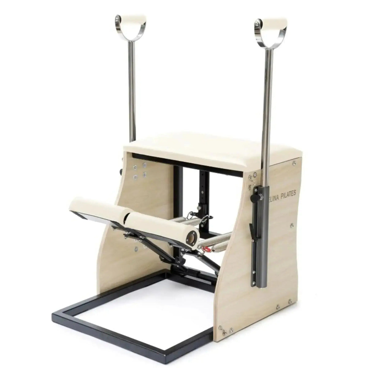 Elina Pilates Combo Chair mit Stahlbasis in Elfenbein, Schrägansicht mit Holzkorpus und dunklem Stahlrahmen