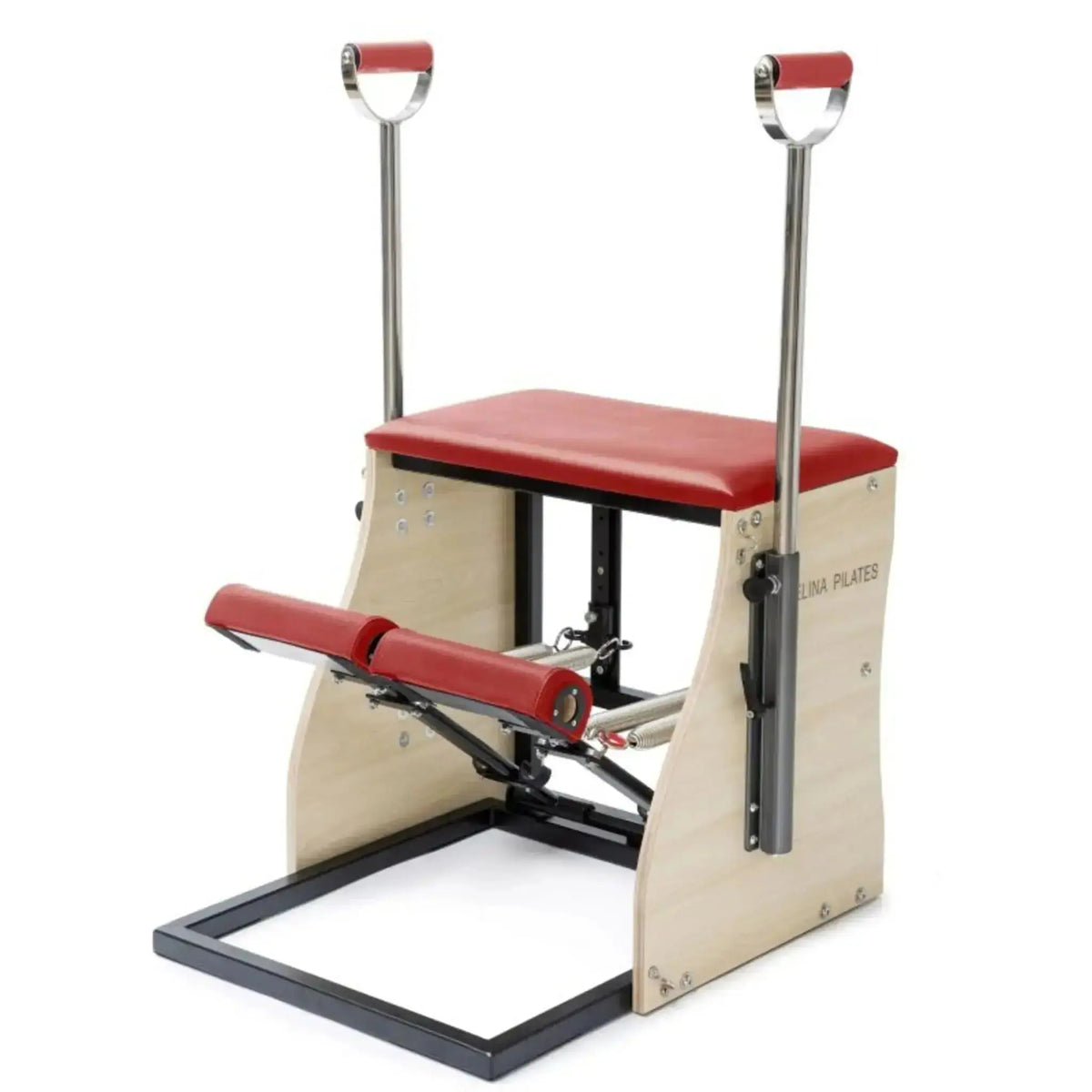 Elina Pilates Combo Chair mit Stahlbasis in Rot, Schrägansicht mit Holzkorpus und dunklem Stahlrahmen