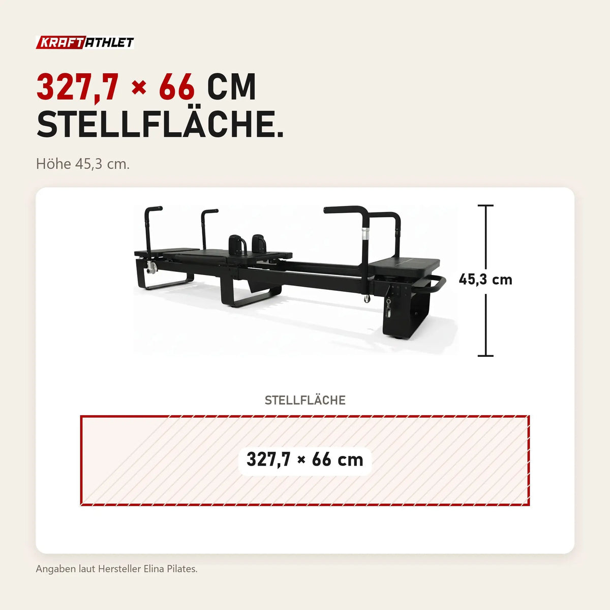 Maßbild Elina Pilates Corextreme Reformer aus Aluminium: Stellfläche 327,7 × 66 cm, Höhe 45,3 cm