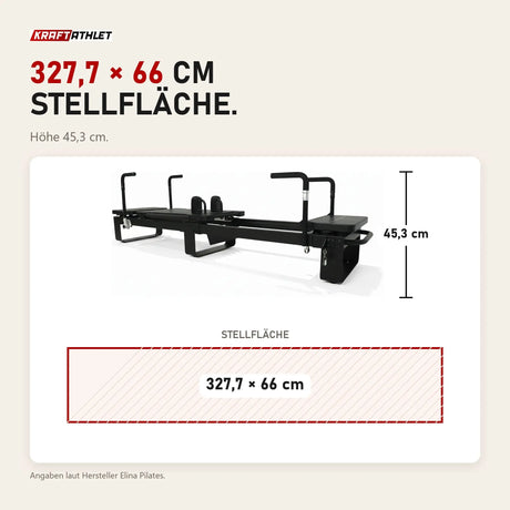 Maßbild Elina Pilates Corextreme Reformer aus Aluminium: Stellfläche 327,7 × 66 cm, Höhe 45,3 cm
