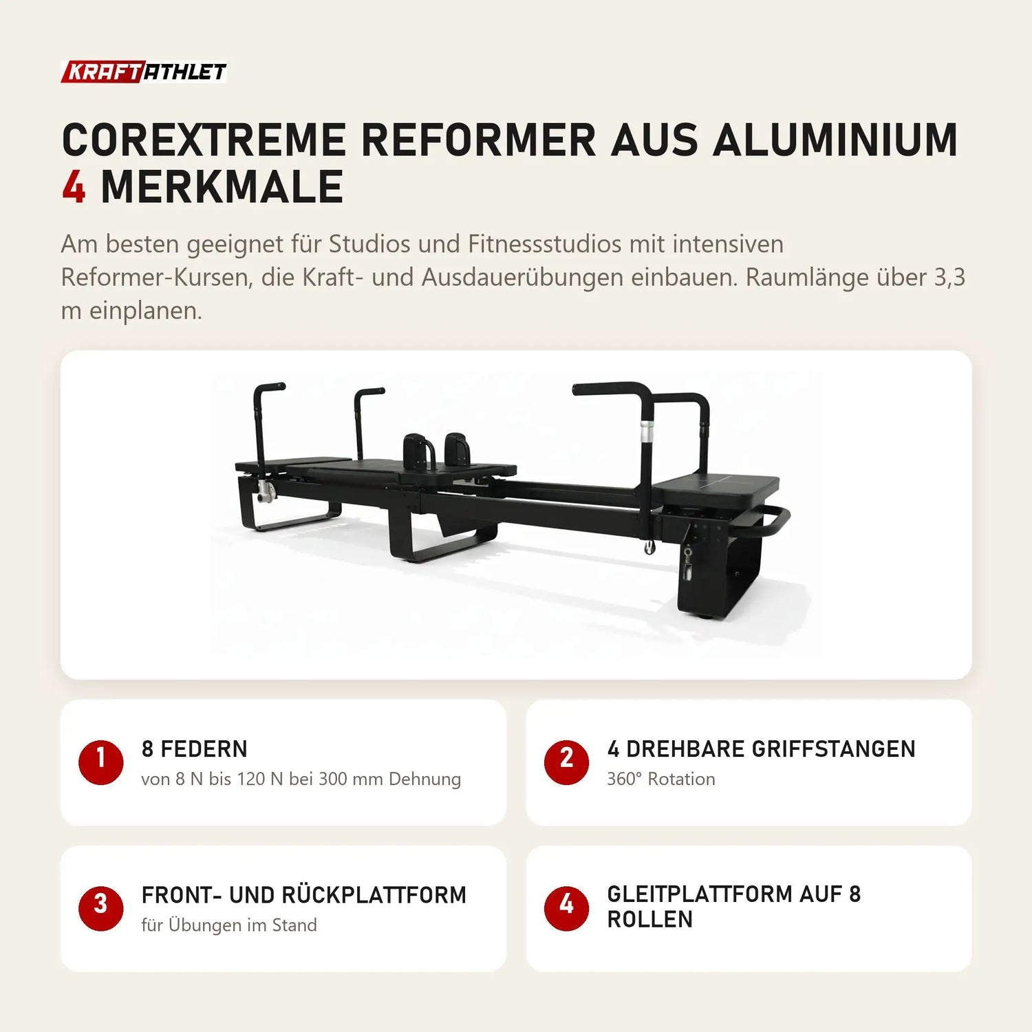 Elina Pilates Corextreme Reformer aus Aluminium mit 4 Merkmalen: 8 Federn, 4 drehbare Griffstangen, Front- und Rückplattform, Gleitplattform auf 8 Rollen