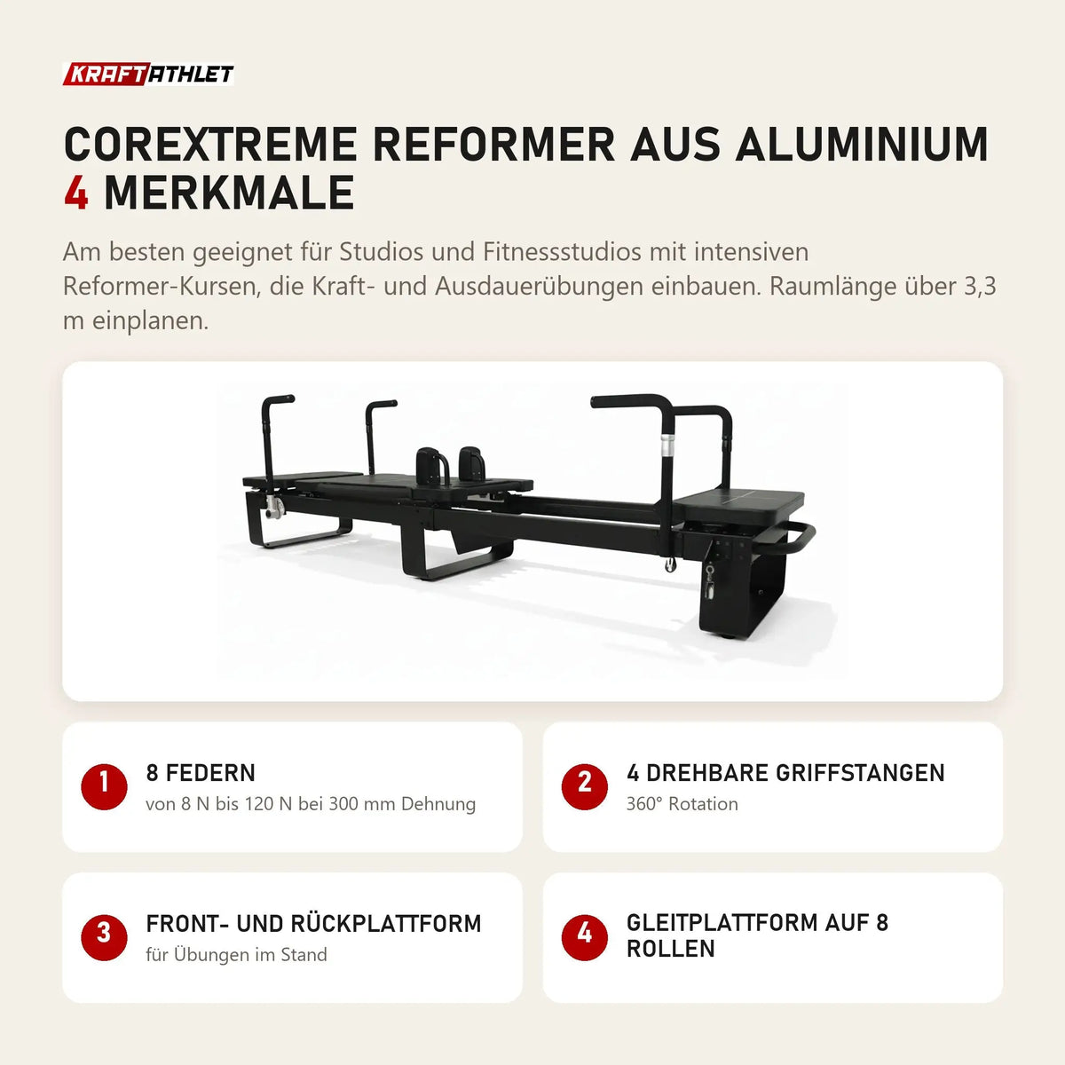 Elina Pilates Corextreme Reformer aus Aluminium mit 4 Merkmalen: 8 Federn, 4 drehbare Griffstangen, Front- und Rückplattform, Gleitplattform auf 8 Rollen