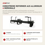 Elina Pilates Corextreme Reformer aus Aluminium mit 4 Merkmalen: 8 Federn, 4 drehbare Griffstangen, Front- und Rückplattform, Gleitplattform auf 8 Rollen