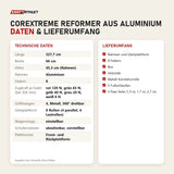Technische Daten und Lieferumfang von Elina Pilates Corextreme Reformer aus Aluminium als Tabelle