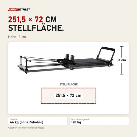 Maßbild Elina Pilates Domo Reformer aus Aluminium: Stellfläche 251,5 × 72 cm, Höhe 13 cm