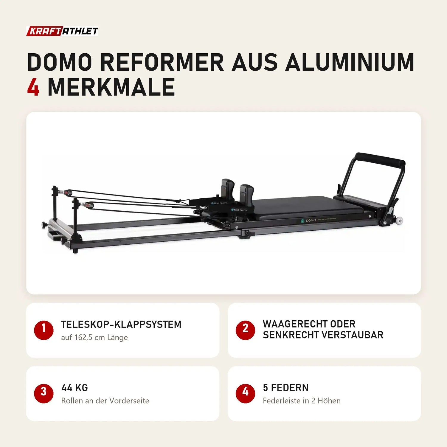 Elina Pilates Domo Reformer aus Aluminium mit 4 Merkmalen: Teleskop-Klappsystem, Waagerecht oder senkrecht verstaubar, 44 kg, 5 Federn