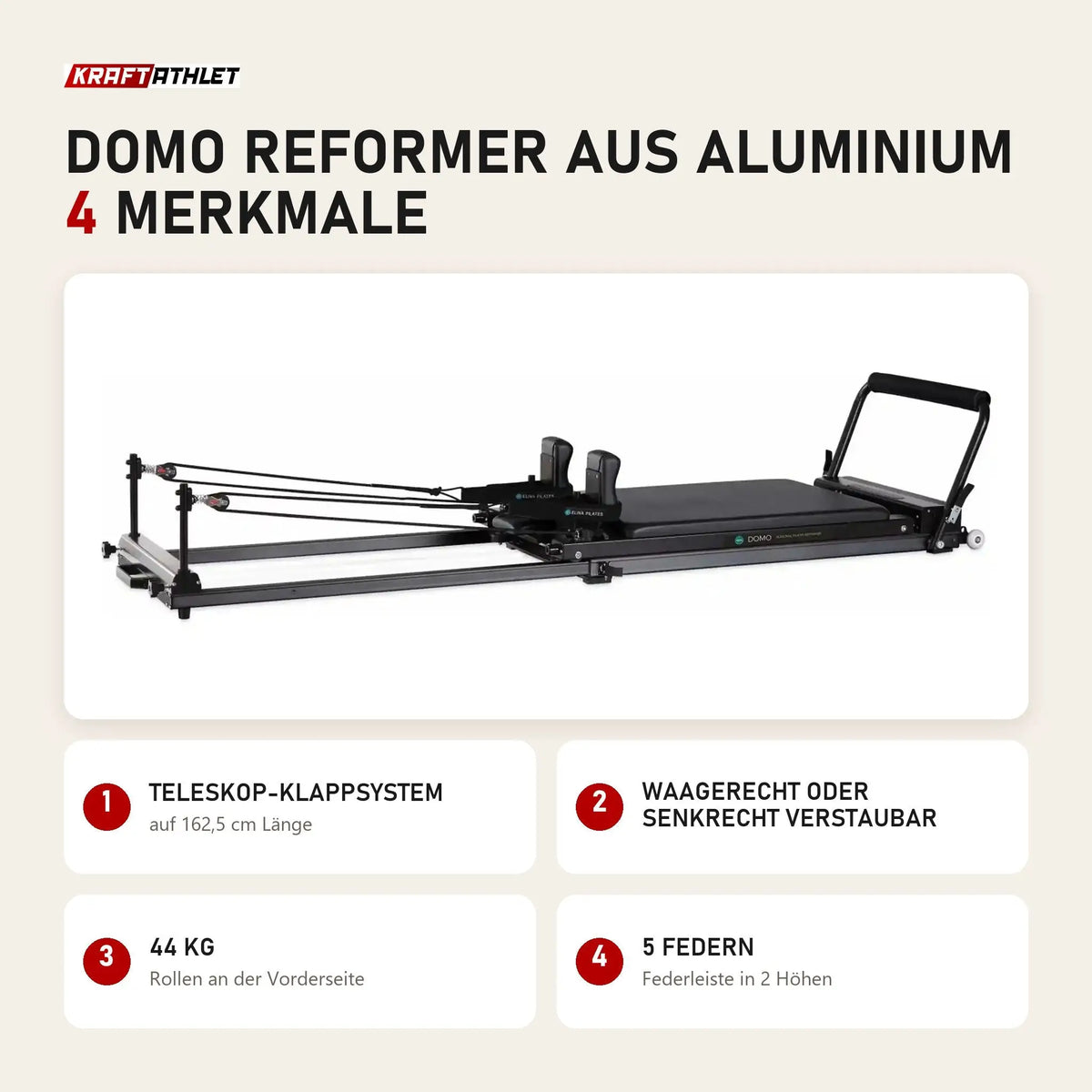 Elina Pilates Domo Reformer aus Aluminium mit 4 Merkmalen: Teleskop-Klappsystem, Waagerecht oder senkrecht verstaubar, 44 kg, 5 Federn