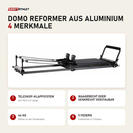 Elina Pilates Domo Reformer aus Aluminium mit 4 Merkmalen: Teleskop-Klappsystem, Waagerecht oder senkrecht verstaubar, 44 kg, 5 Federn