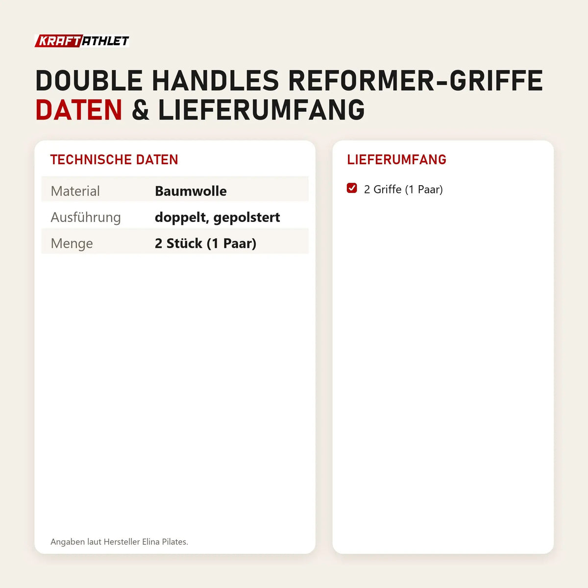 Technische Daten und Lieferumfang von Elina Pilates Double Handles Reformer-Griffe als Tabelle