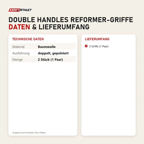 Technische Daten und Lieferumfang von Elina Pilates Double Handles Reformer-Griffe als Tabelle