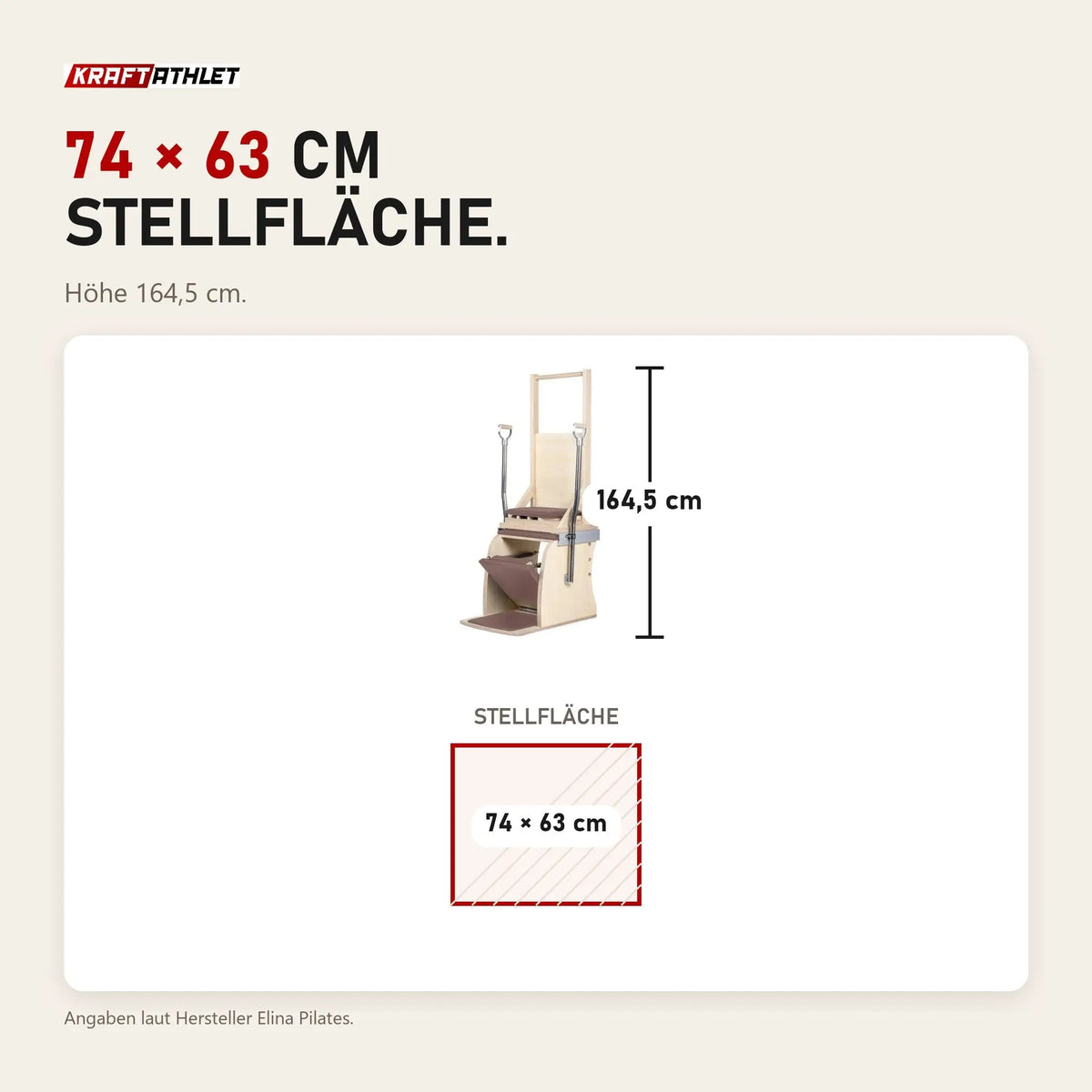 Maßbild Elina Pilates Electric Chair Kombi-Wunda aus Ahornholz: Stellfläche 74 × 63 cm, Höhe 164,5 cm