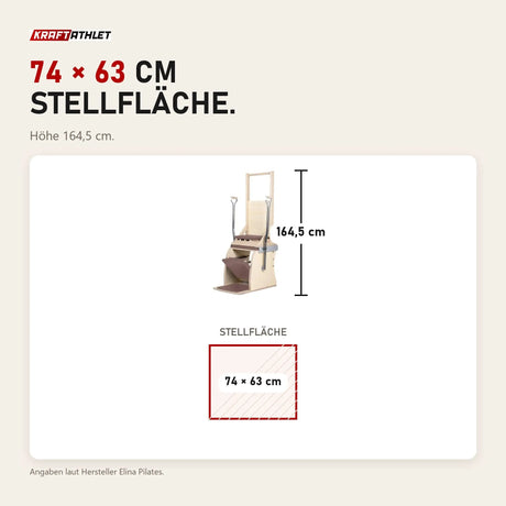 Maßbild Elina Pilates Electric Chair Kombi-Wunda aus Ahornholz: Stellfläche 74 × 63 cm, Höhe 164,5 cm