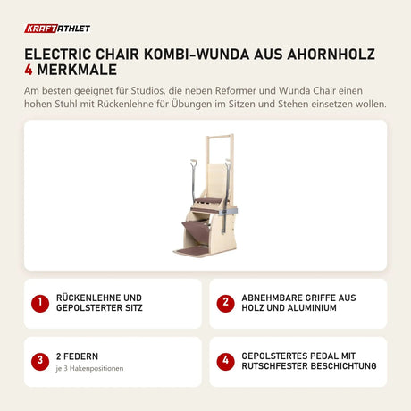 Elina Pilates Electric Chair Kombi-Wunda aus Ahornholz mit 4 Merkmalen: Rückenlehne und gepolsterter Sitz, Abnehmbare Griffe aus Holz und Aluminium, 2 Federn, Gepolstertes Pedal mit rutschfester Beschichtung