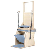 Elina Pilates Electric Chair Kombi-Wunda aus Ahornholz in Ocean Blue, Schrägansicht mit blauen Polstern