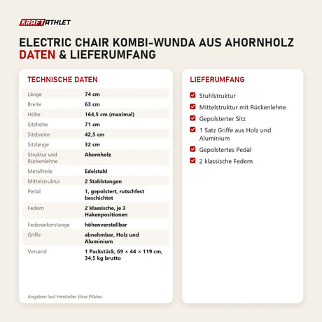 Technische Daten und Lieferumfang von Elina Pilates Electric Chair Kombi-Wunda aus Ahornholz als Tabelle