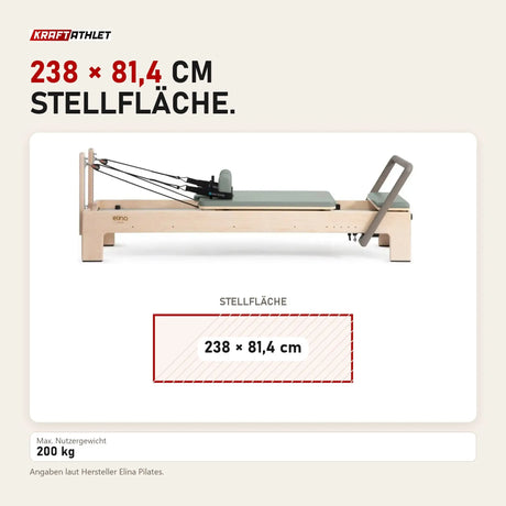 Maßbild Elina Pilates Elite Advanced Reformer aus Ahornholz: Stellfläche 238 × 81,4 cm