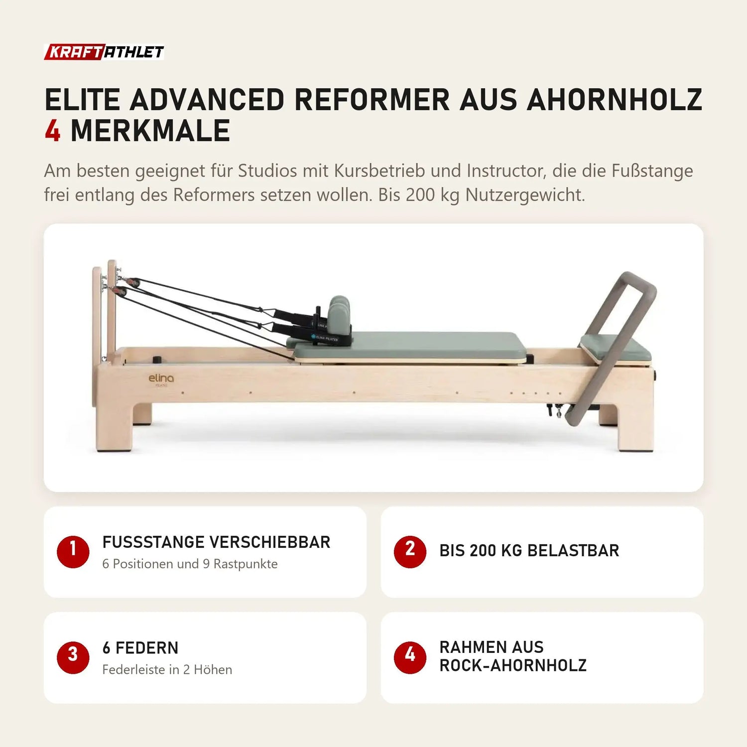 Elina Pilates Elite Advanced Reformer aus Ahornholz mit 4 Merkmalen: Fußstange verschiebbar, Bis 200 kg belastbar, 6 Federn, Rahmen aus Rock-Ahornholz