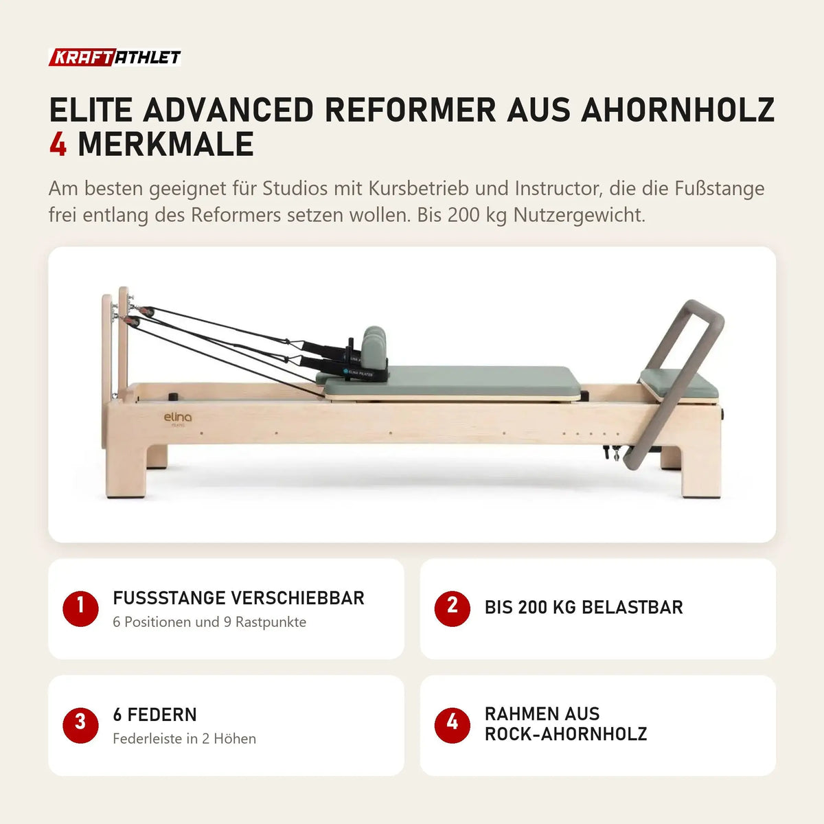 Elina Pilates Elite Advanced Reformer aus Ahornholz mit 4 Merkmalen: Fußstange verschiebbar, Bis 200 kg belastbar, 6 Federn, Rahmen aus Rock-Ahornholz