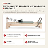 Elina Pilates Elite Advanced Reformer aus Ahornholz mit 4 Merkmalen: Fußstange verschiebbar, Bis 200 kg belastbar, 6 Federn, Rahmen aus Rock-Ahornholz