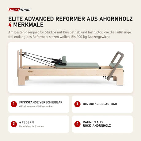 Elina Pilates Elite Advanced Reformer aus Ahornholz mit 4 Merkmalen: Fußstange verschiebbar, Bis 200 kg belastbar, 6 Federn, Rahmen aus Rock-Ahornholz