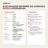 Technische Daten und Lieferumfang von Elina Pilates Elite Advanced Reformer aus Ahornholz als Tabelle