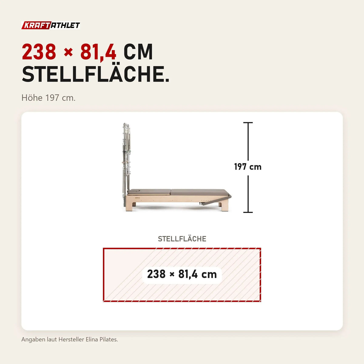Maßbild Elina Pilates Elite Advanced Reformer mit Tower: Stellfläche 238 × 81,4 cm, Höhe 197 cm