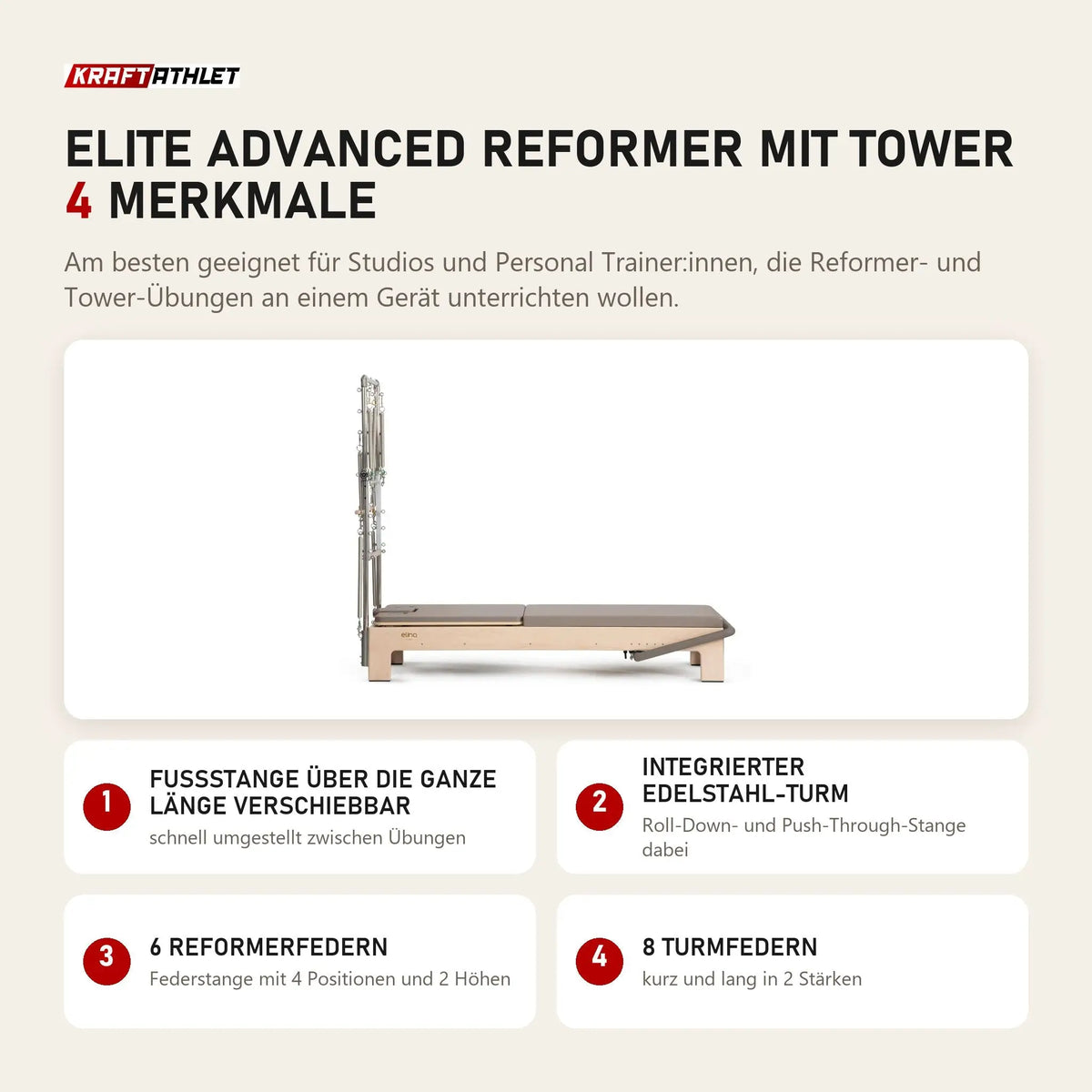 Elina Pilates Elite Advanced Reformer mit Tower mit 4 Merkmalen: Fußstange über die ganze Länge verschiebbar, Integrierter Edelstahl-Turm, 6 Reformerfedern, 8 Turmfedern