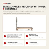 Elina Pilates Elite Advanced Reformer mit Tower mit 4 Merkmalen: Fußstange über die ganze Länge verschiebbar, Integrierter Edelstahl-Turm, 6 Reformerfedern, 8 Turmfedern