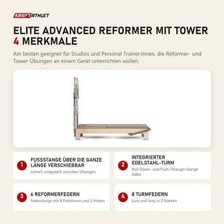 Elina Pilates Elite Advanced Reformer mit Tower mit 4 Merkmalen: Fußstange über die ganze Länge verschiebbar, Integrierter Edelstahl-Turm, 6 Reformerfedern, 8 Turmfedern